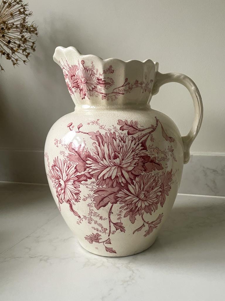 Large Vintage White and Pink Detailed Floral Vintage Ceramic Pitcher Vase