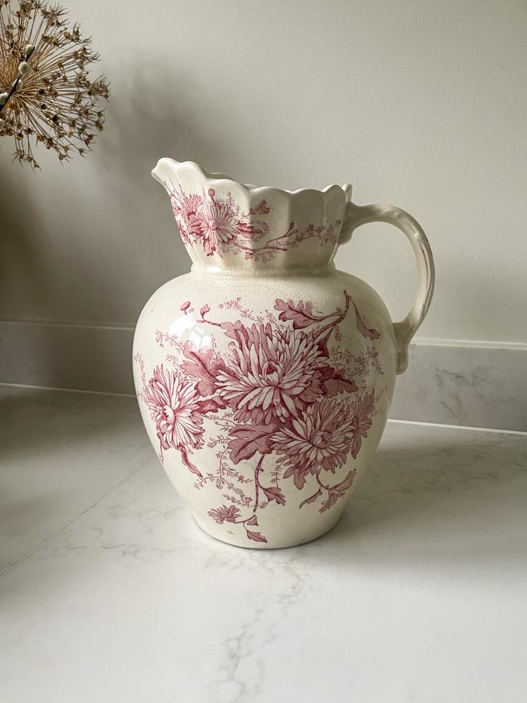 Large Vintage White and Pink Detailed Floral Vintage Ceramic Pitcher Vase