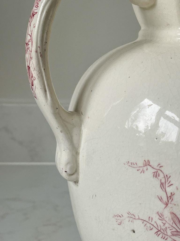 Large Vintage White and Pink Detailed Floral Vintage Ceramic Pitcher Vase