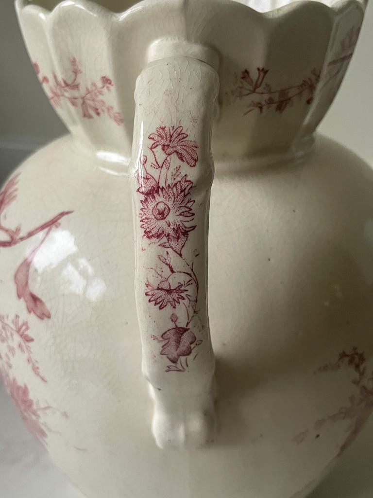 Large Vintage White and Pink Detailed Floral Vintage Ceramic Pitcher Vase