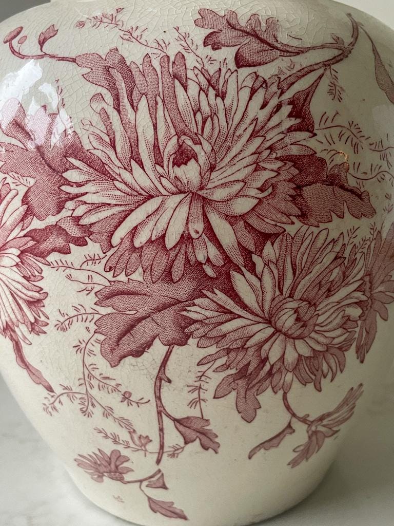Large Vintage White and Pink Detailed Floral Vintage Ceramic Pitcher Vase