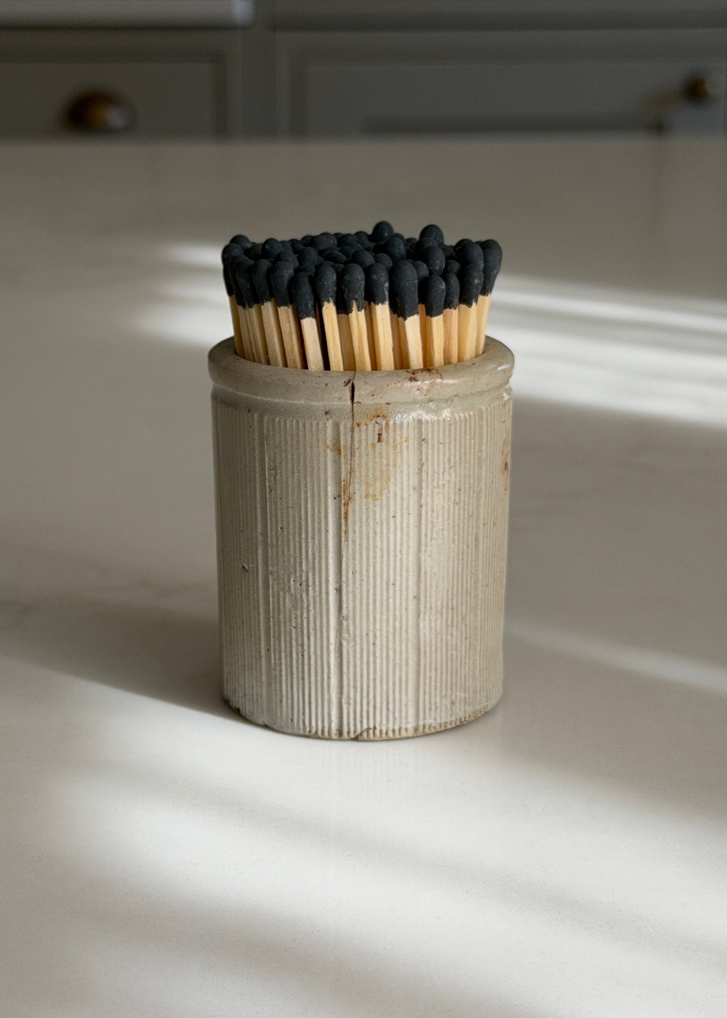 Ribbed Grey Victorian Stoneware Matchpot