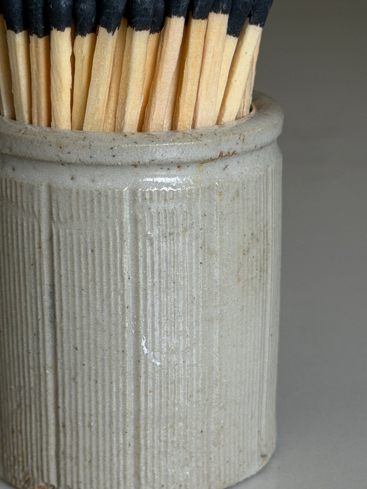 Ribbed Grey Victorian Stoneware Matchpot