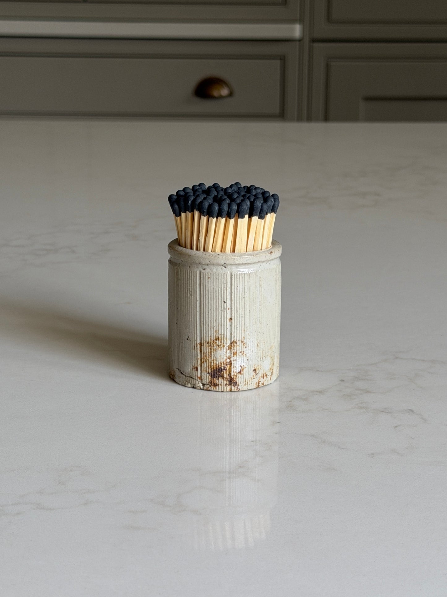 Ribbed Grey Victorian Stoneware Matchpot