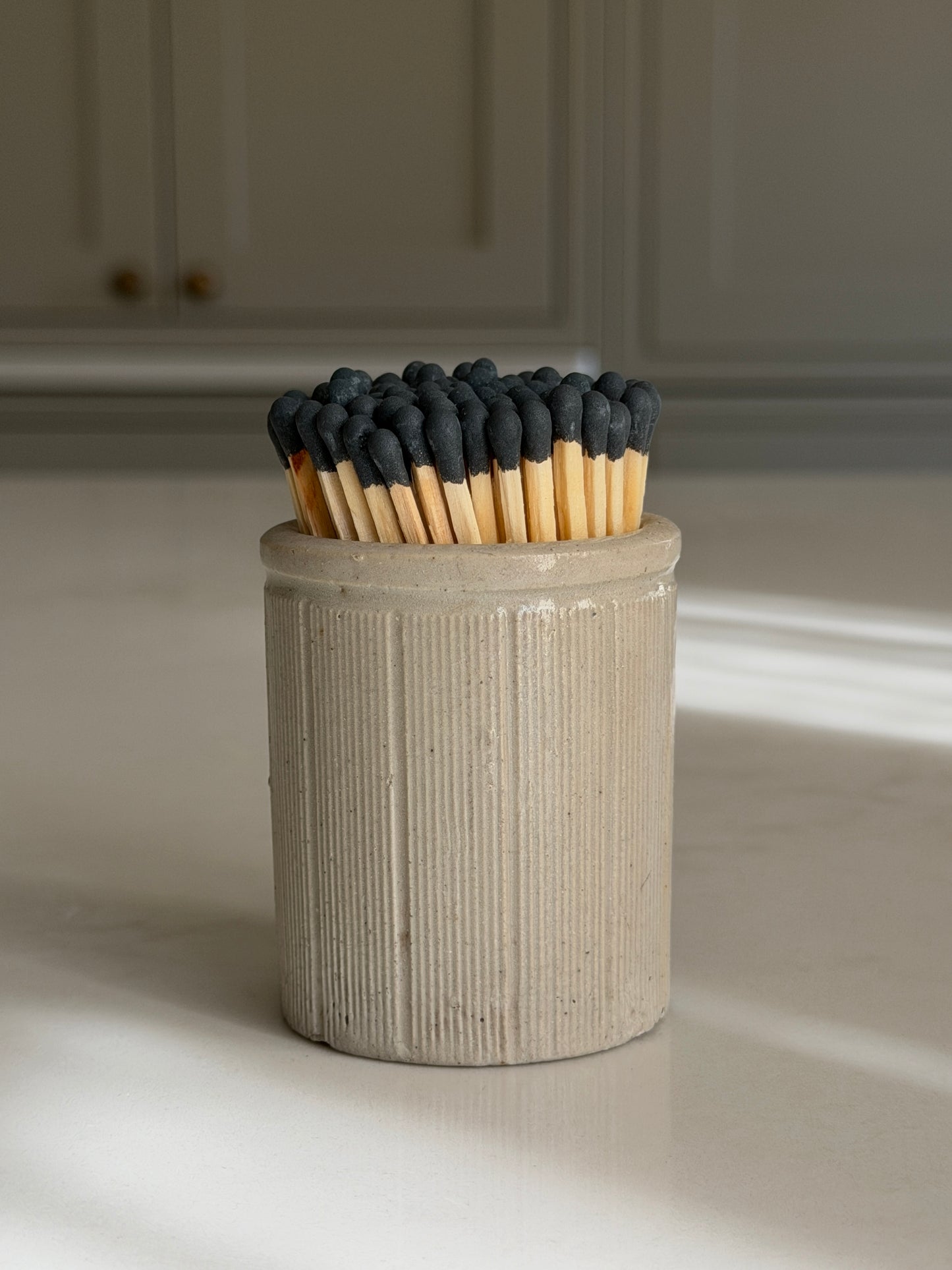 Ribbed Grey Victorian Stoneware Matchpot