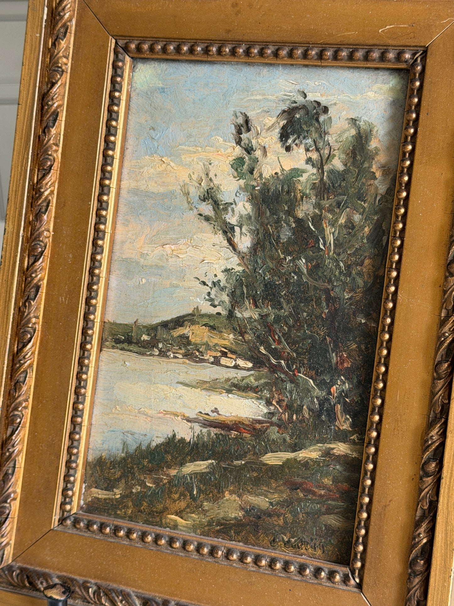 Signed & Framed French Rural Lake Scene Oil Painting