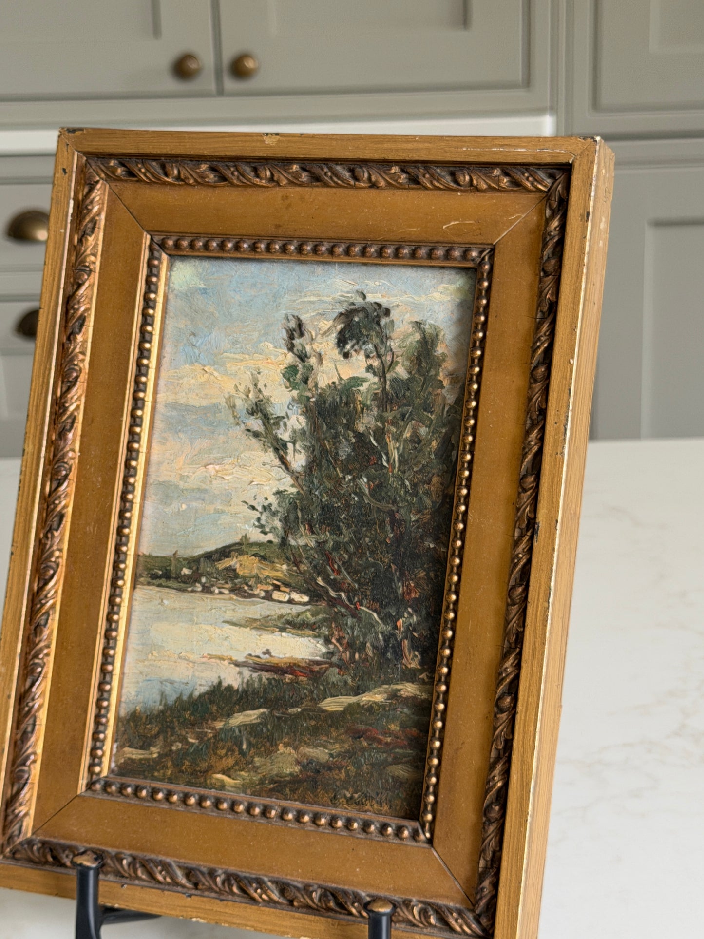 Signed & Framed French Rural Lake Scene Oil Painting