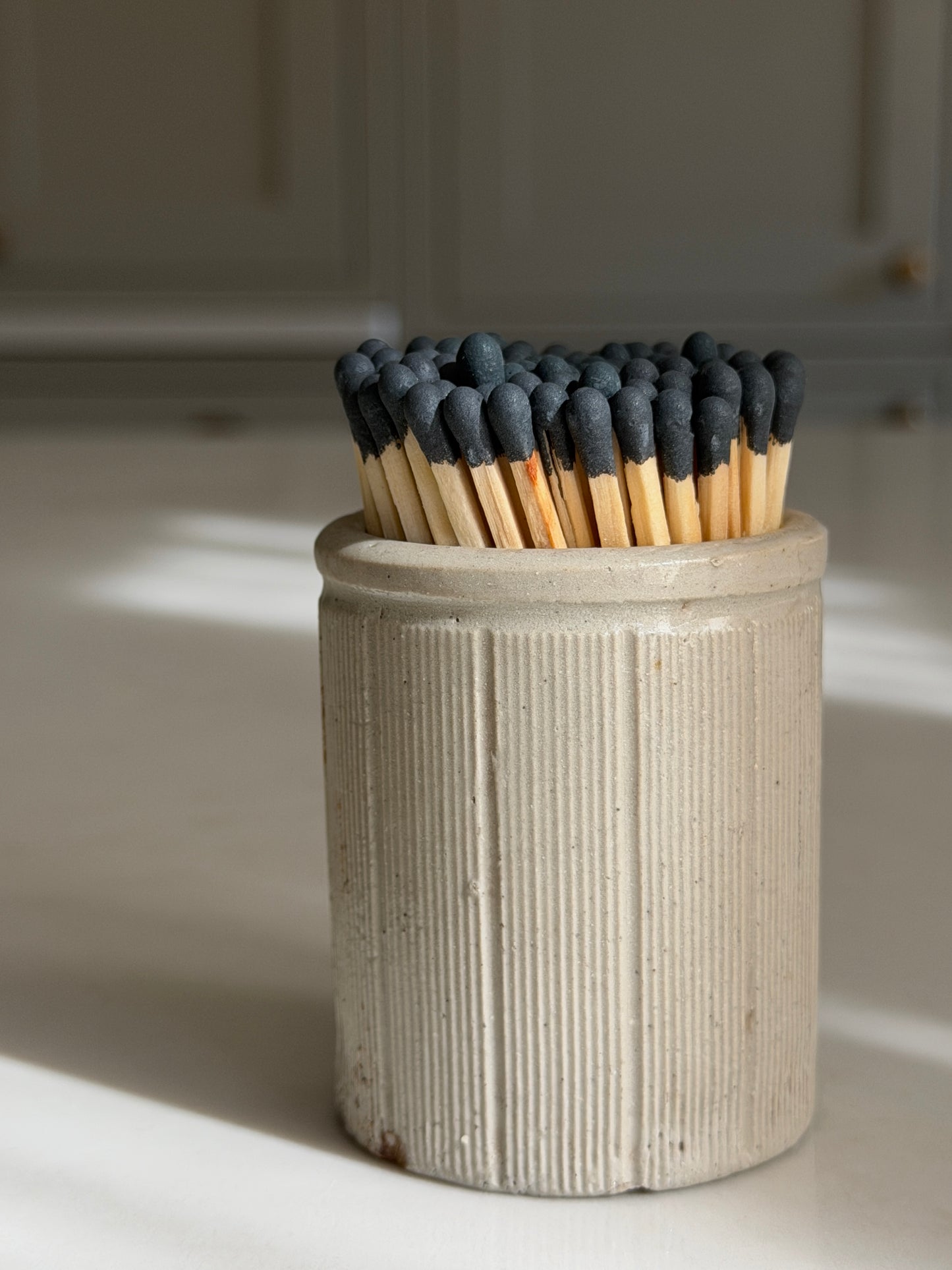 Ribbed Grey Victorian Stoneware Matchpot