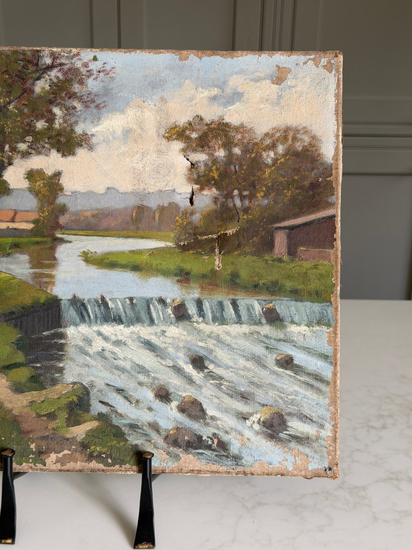 Signed French Landscape River Scene Oil Paining on Canvas