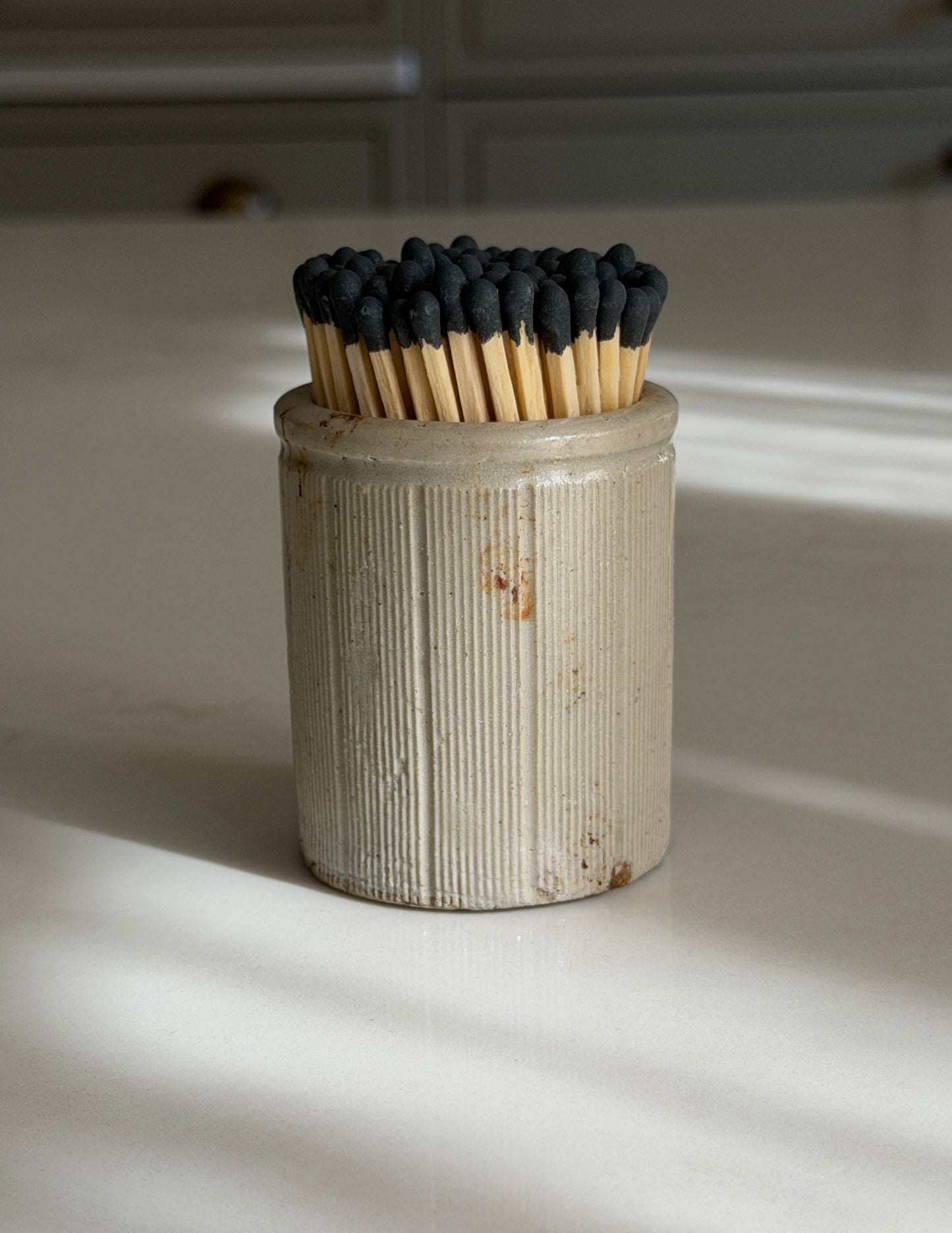 Ribbed Grey Victorian Stoneware Matchpot