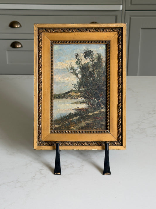 Signed & Framed French Rural Lake Scene Oil Painting