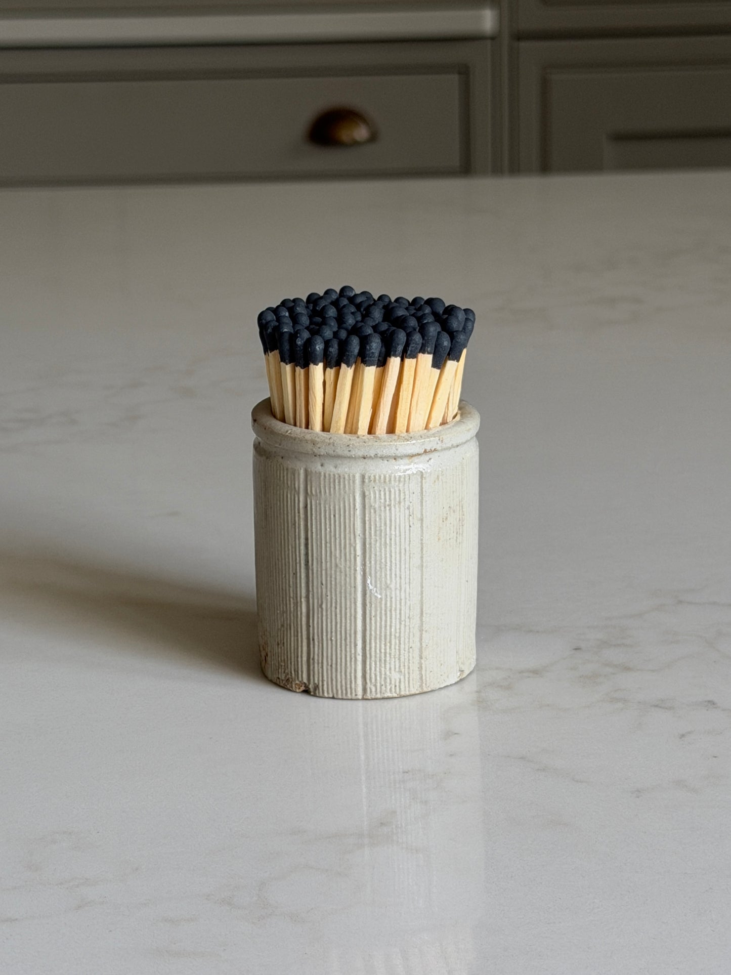 Ribbed Grey Victorian Stoneware Matchpot