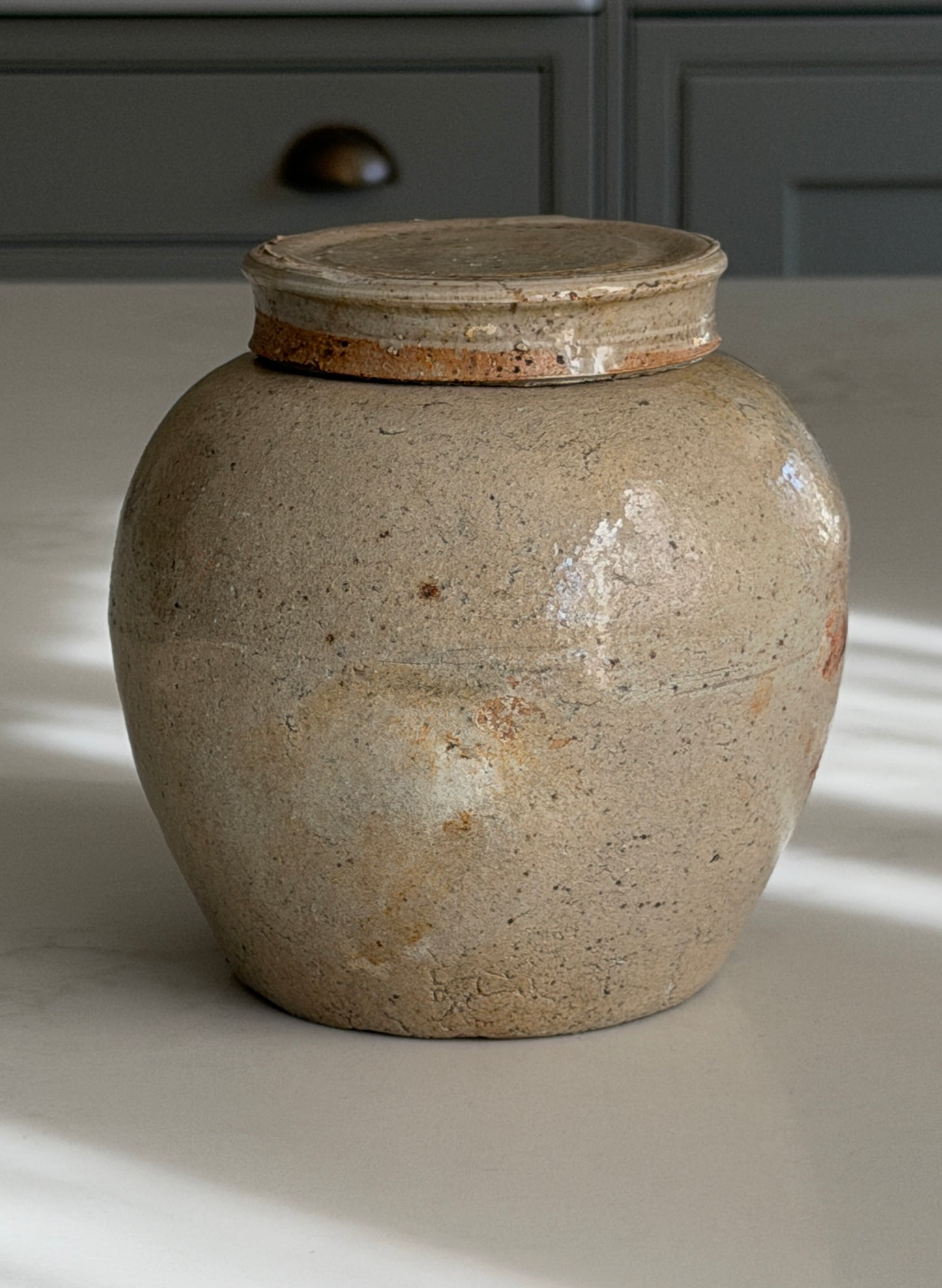 Medium Lidded Greeny Greige Chinese Ginger Jar