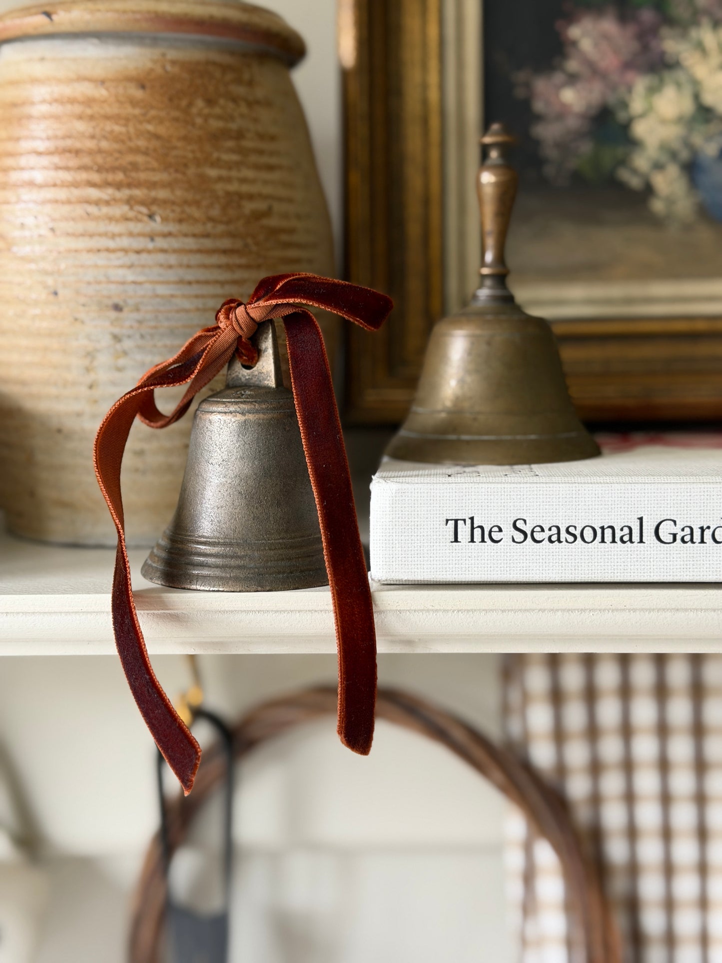 Antique Brass Bell with Velvet Ribbon