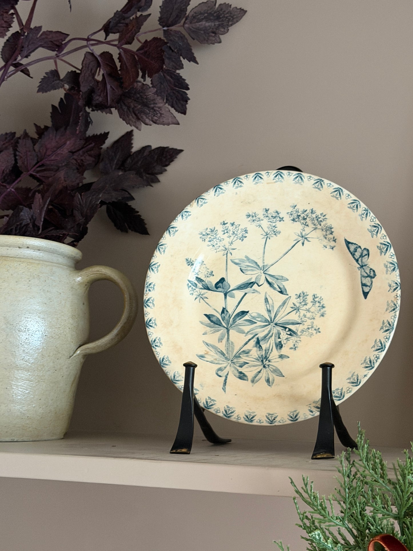 French Plate with Turquoise Botanical & Butterfly Design