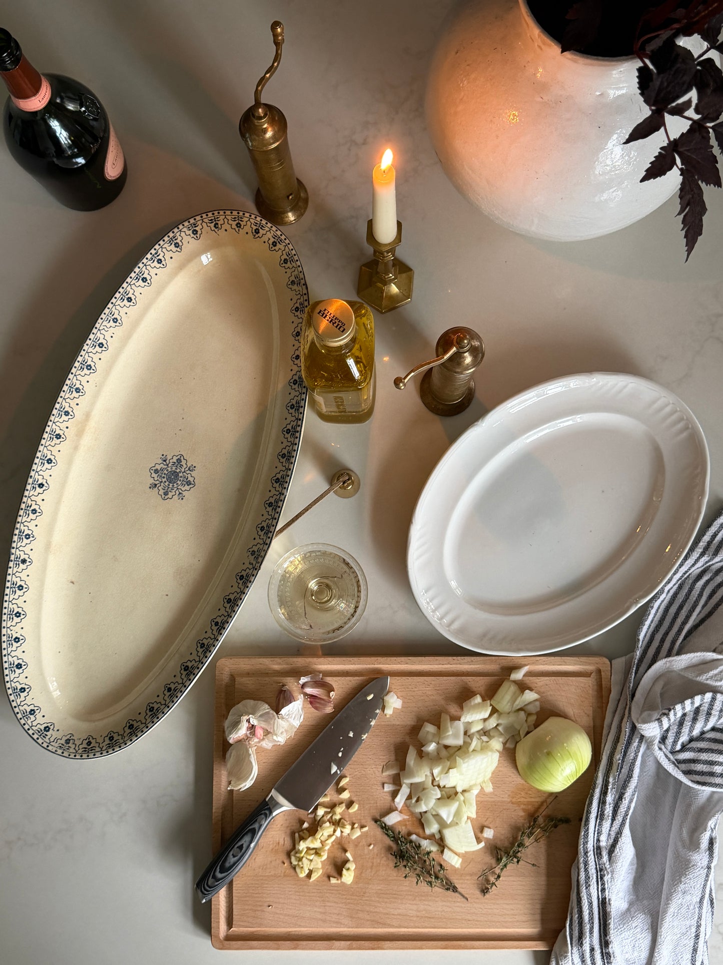 XL Oval White & Blue Floral French Platter