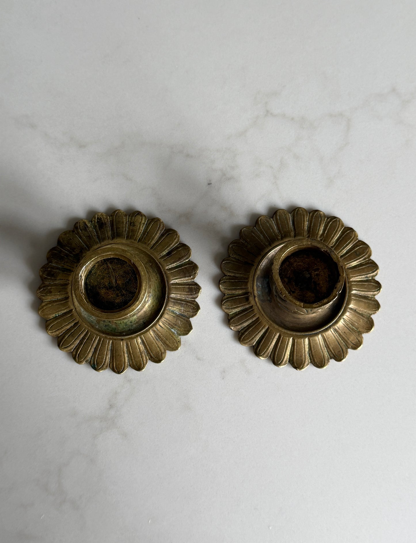 Pair of Antique Brass Candlestick Holders with Petal Detailing