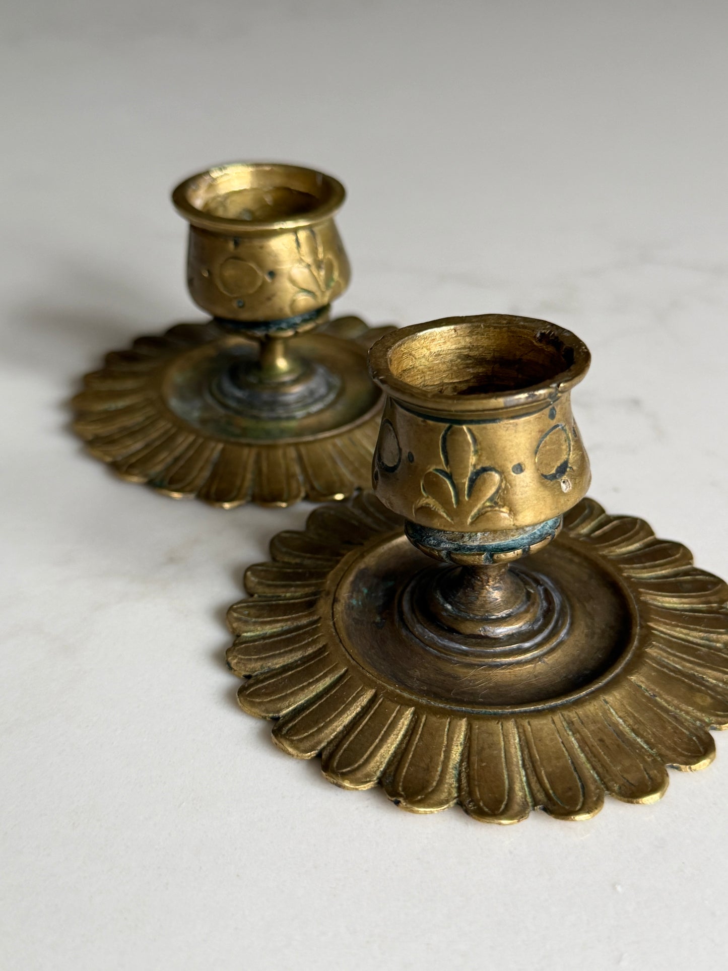 Pair of Antique Brass Candlestick Holders with Petal Detailing