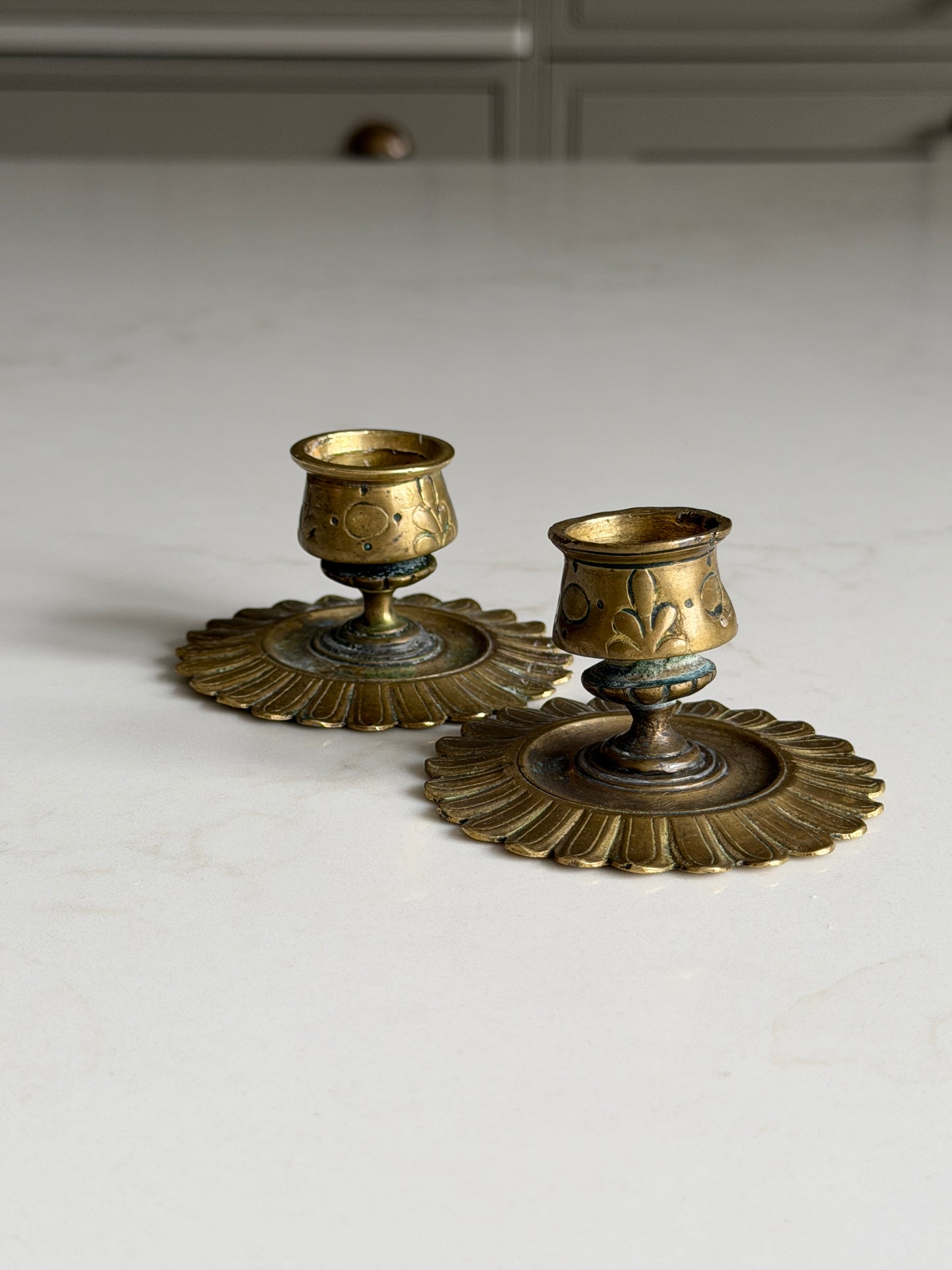 Pair of Antique Brass Candlestick Holders with Petal Detailing