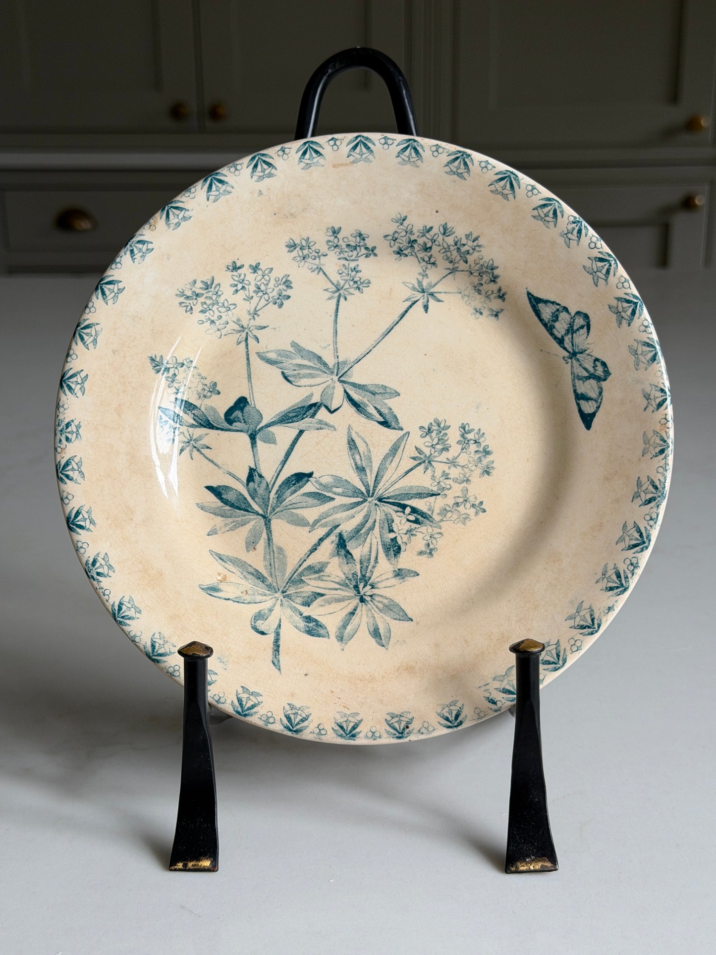 French Plate with Turquoise Botanical & Butterfly Design