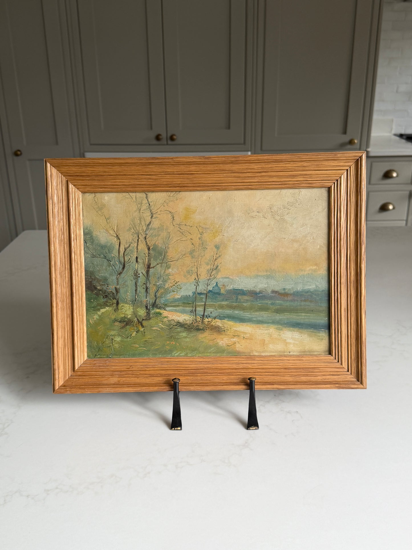 French Oak Framed River Scene Landsape Oil Painting
