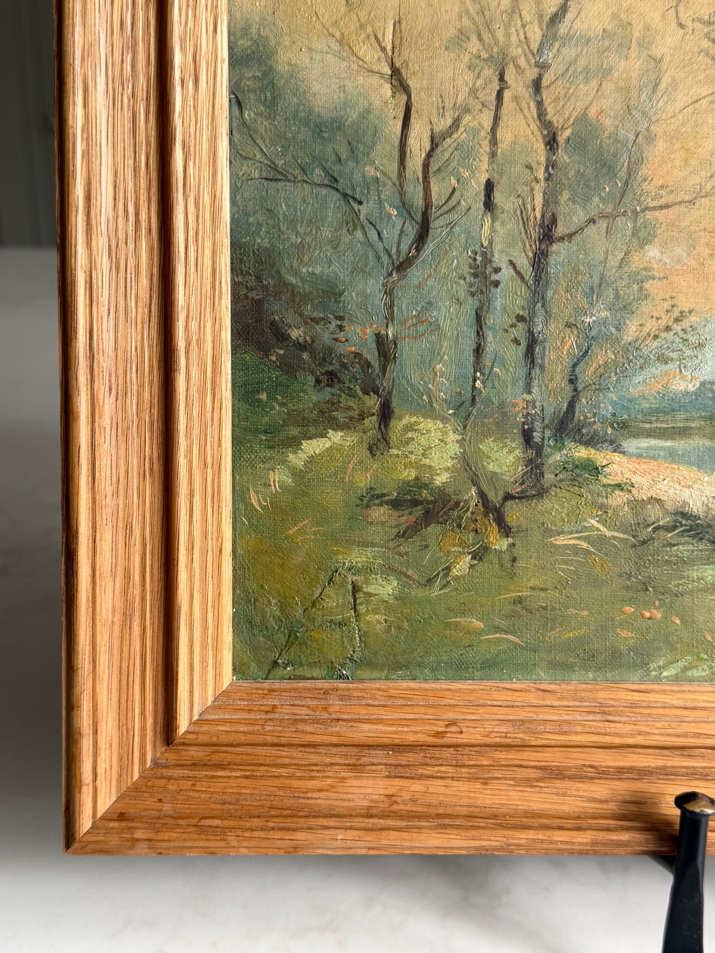 French Oak Framed River Scene Landsape Oil Painting
