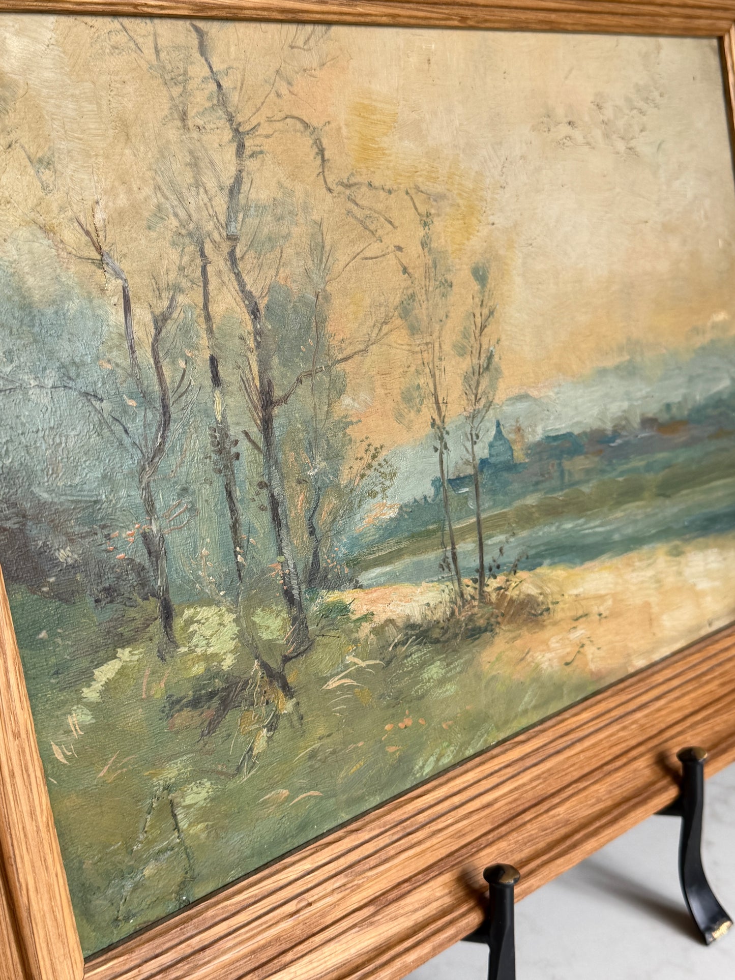 French Oak Framed River Scene Landsape Oil Painting