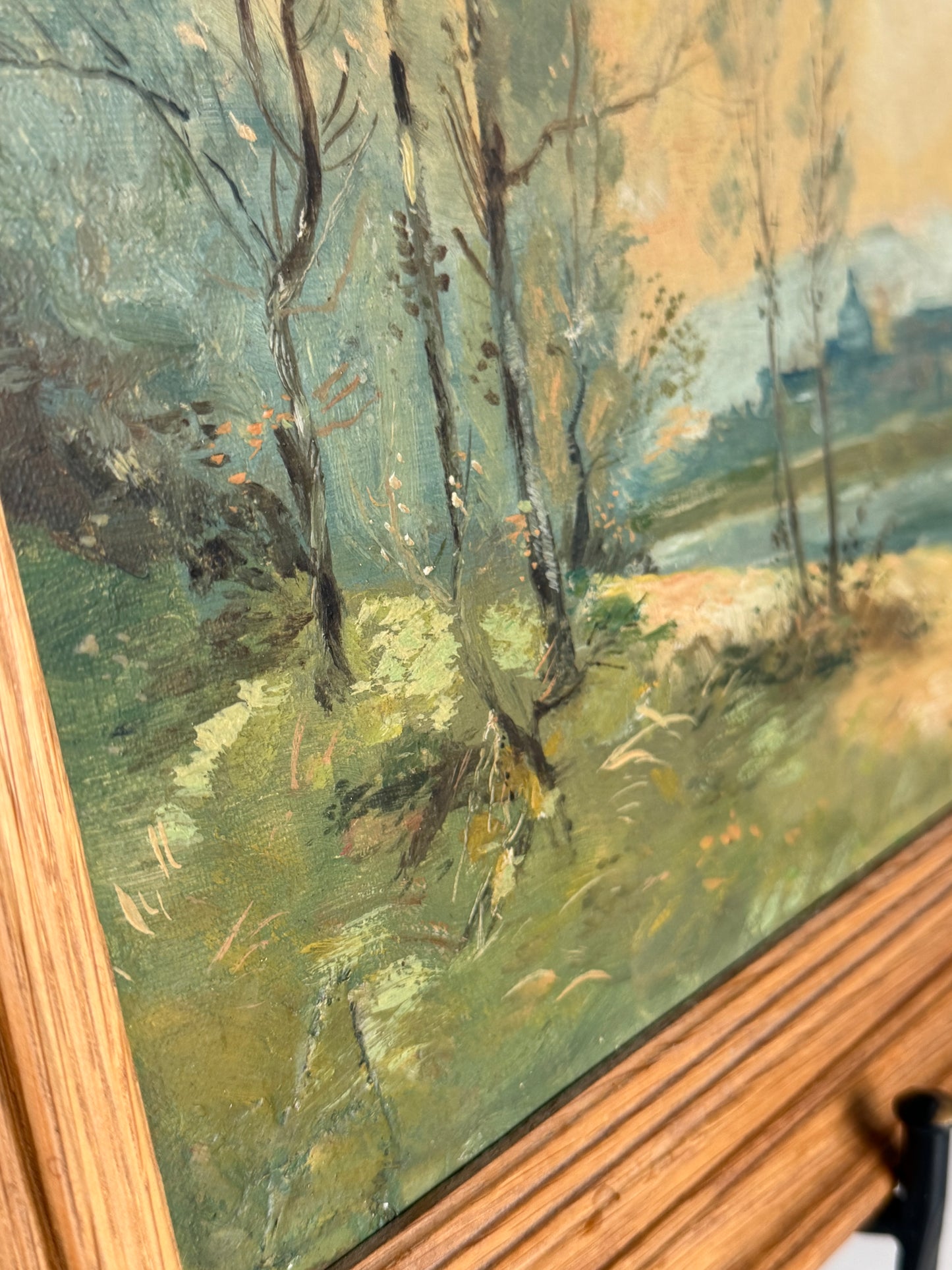 French Oak Framed River Scene Landsape Oil Painting