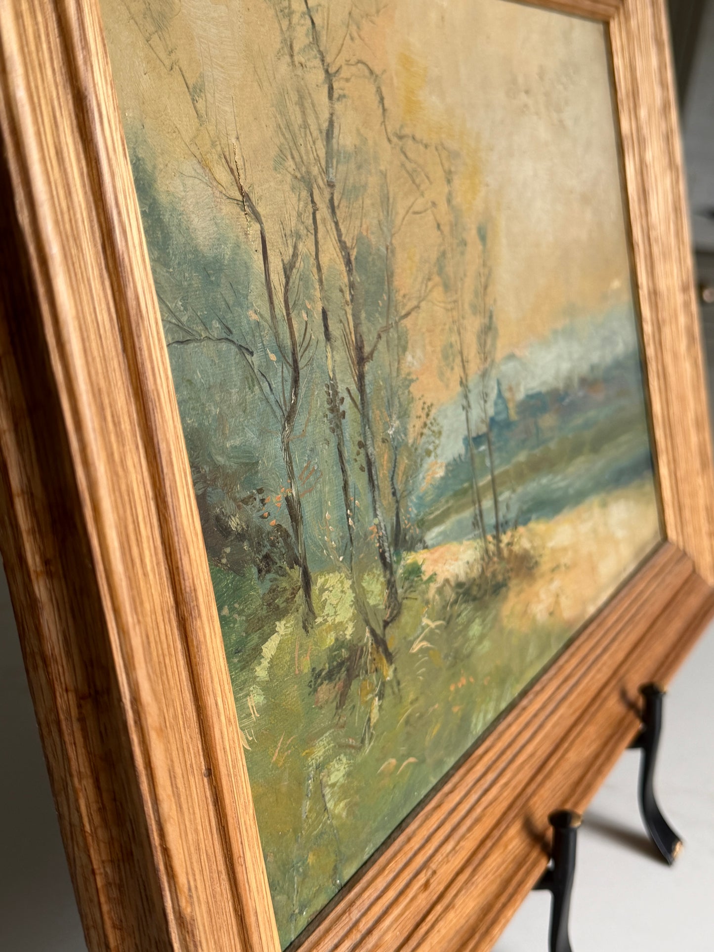 French Oak Framed River Scene Landsape Oil Painting