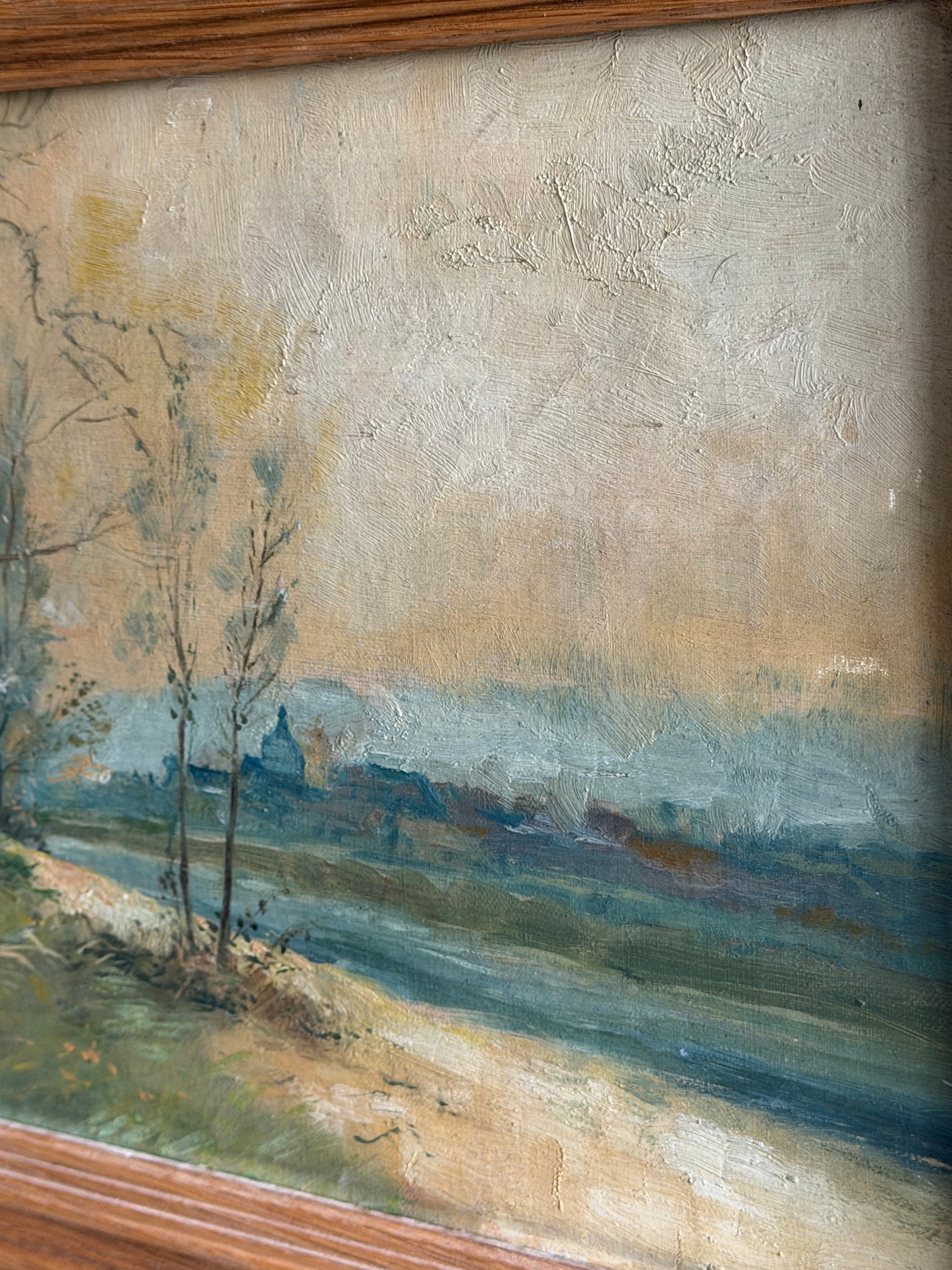 French Oak Framed River Scene Landsape Oil Painting