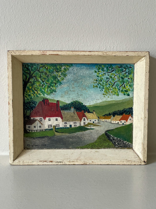Small Vintage Framed Painting of Rural Village Scene