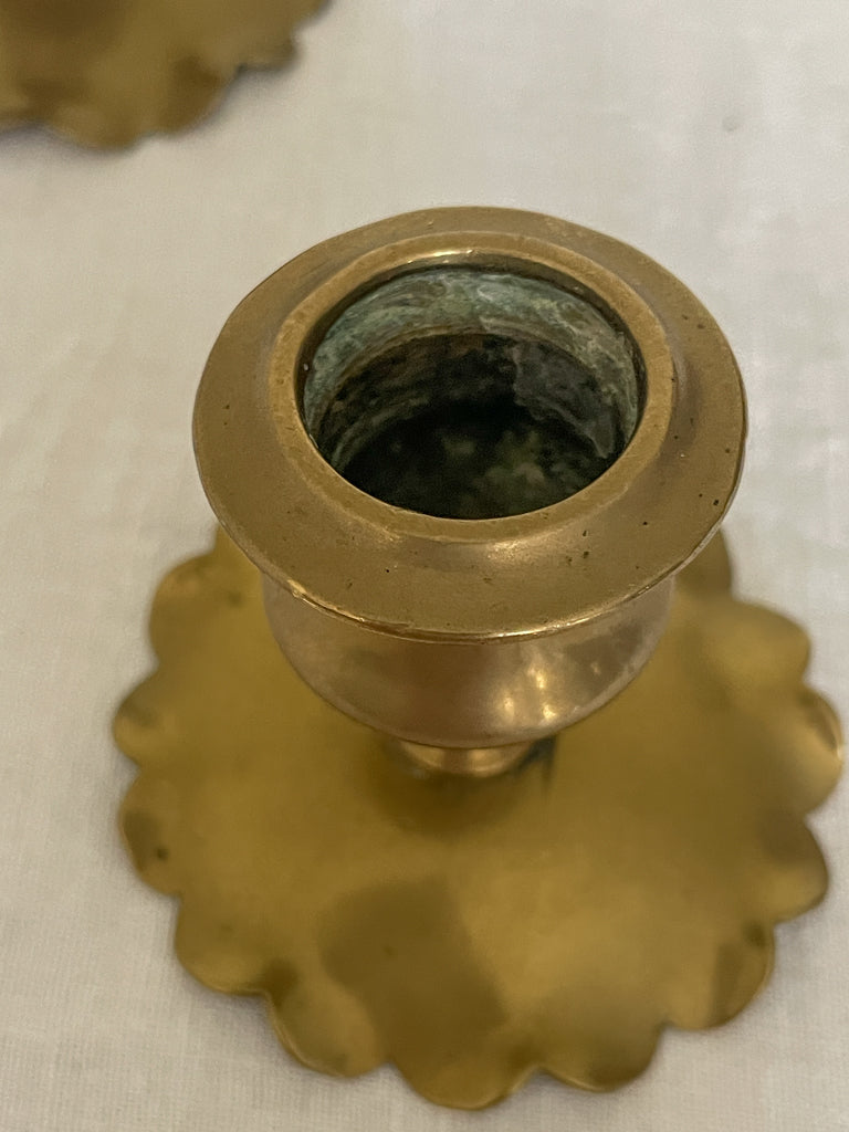 Pair of vintage brass scalloped candlestick holders