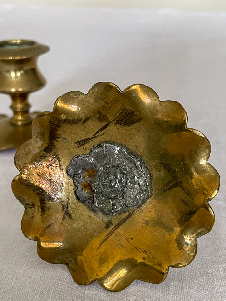 Pair of vintage brass scalloped candlestick holders