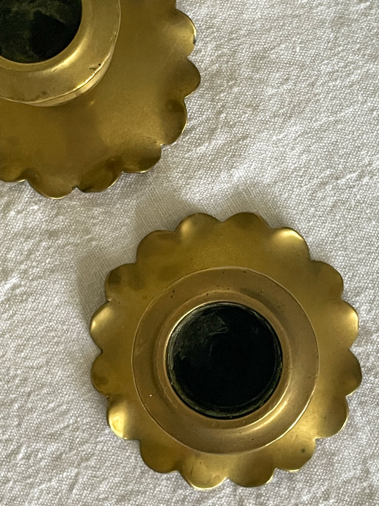 Pair of vintage brass scalloped candlestick holders