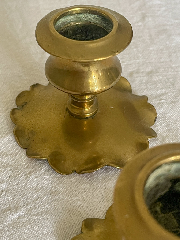 Pair of vintage brass scalloped candlestick holders
