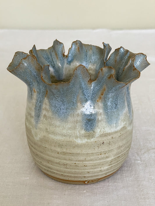 Vintage Blue Drip Glazed Studio Pottery Bud Vase with Flower frog