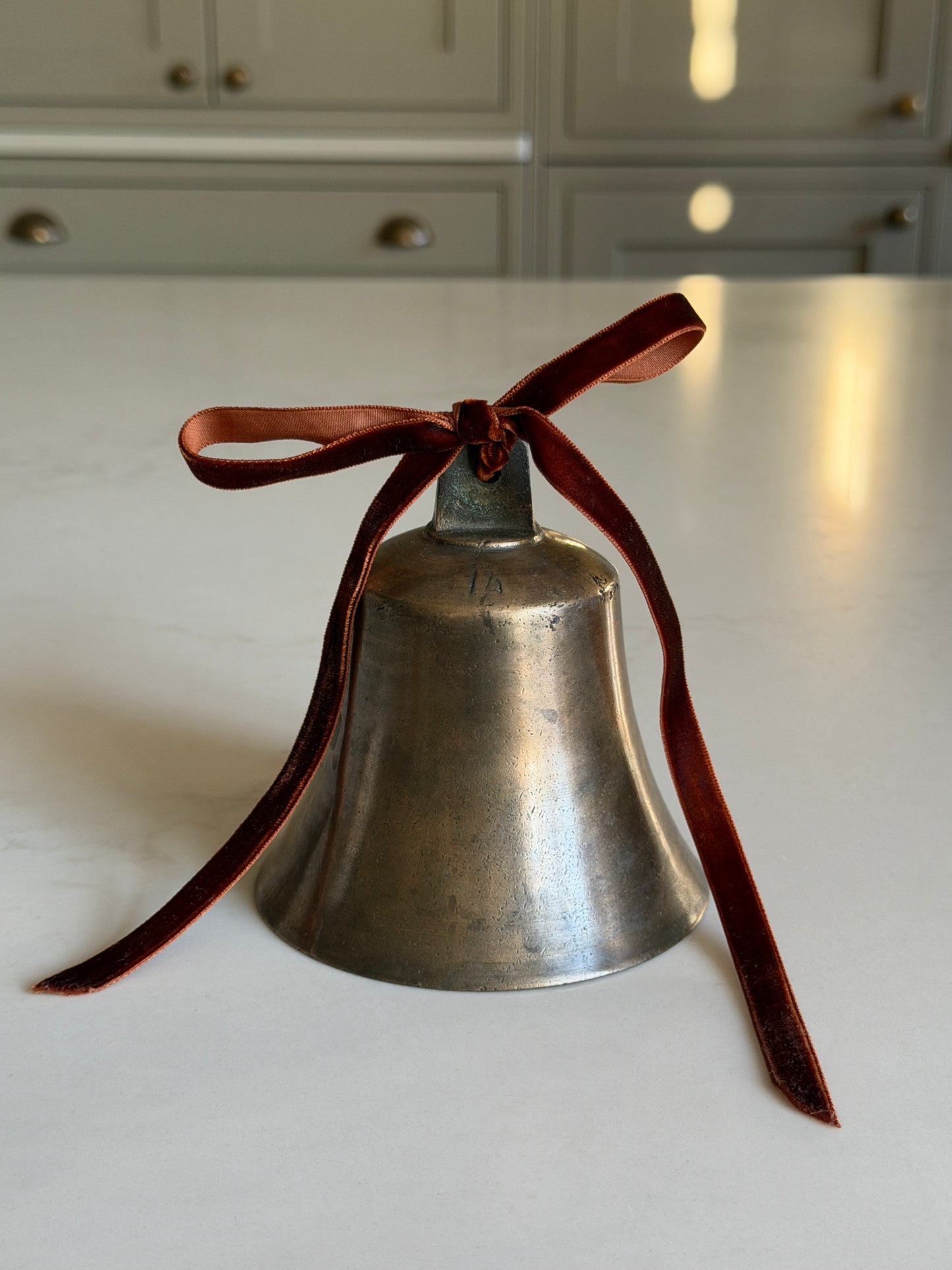 Large Antique Brass Bell With Velvet Ribbon