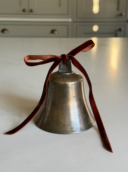 Large Antique Brass Bell With Velvet Ribbon