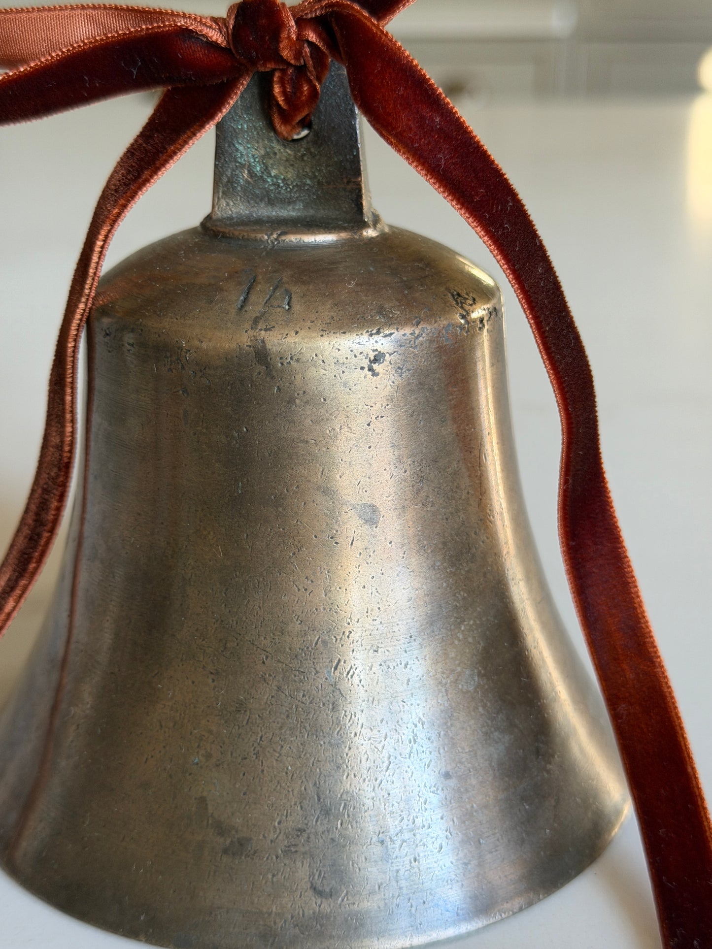 Large Antique Brass Bell With Velvet Ribbon