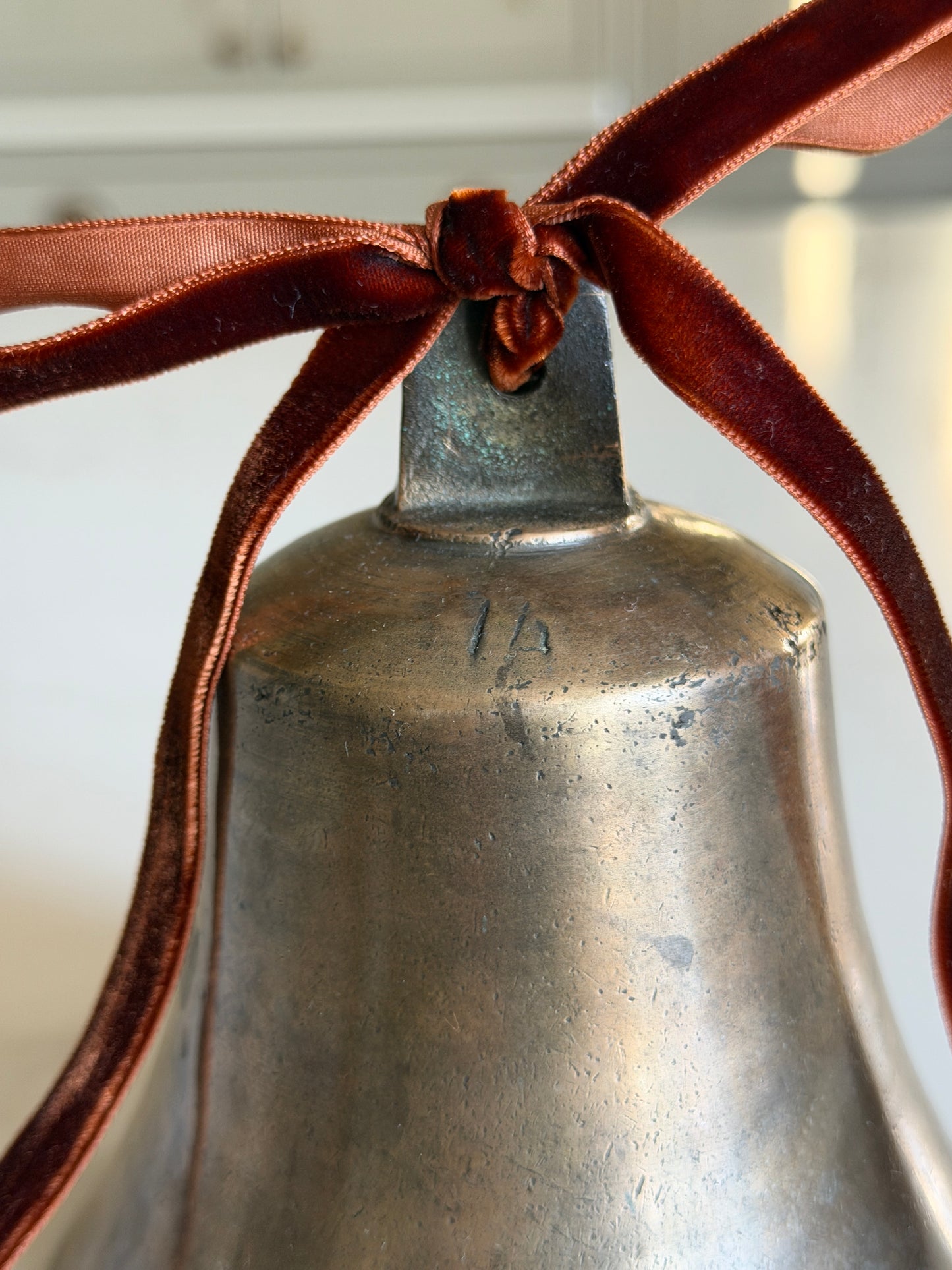 Large Antique Brass Bell With Velvet Ribbon