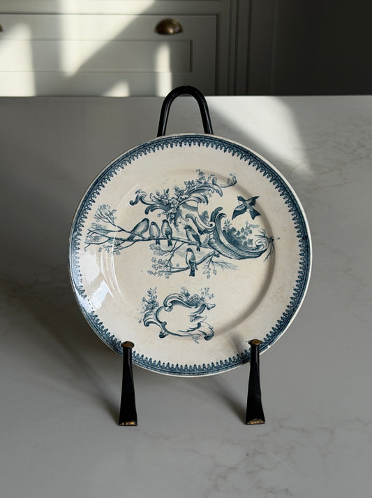French Plate with Teal Bird & Botanical Design