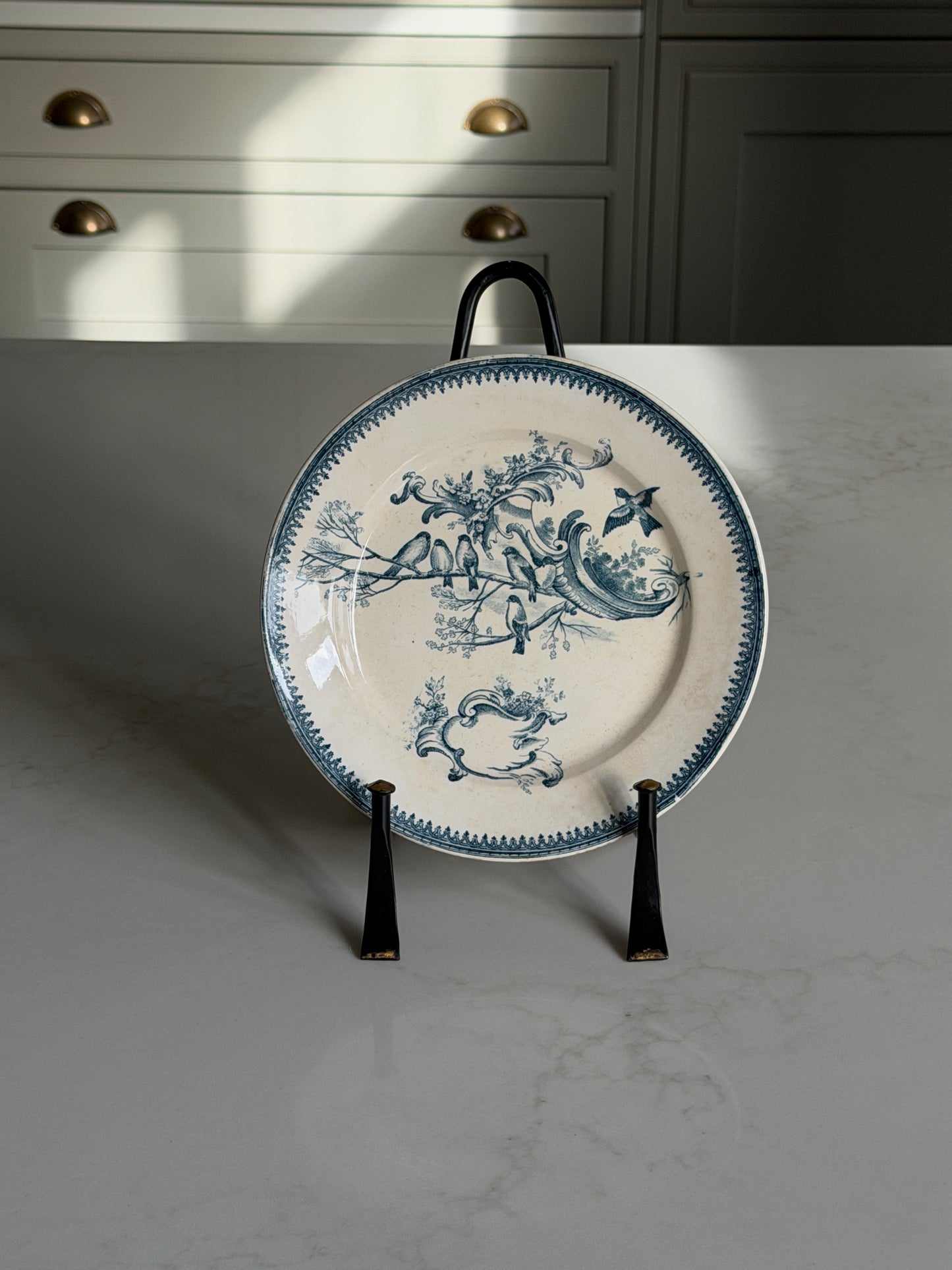 French Plate with Teal Bird & Botanical Design