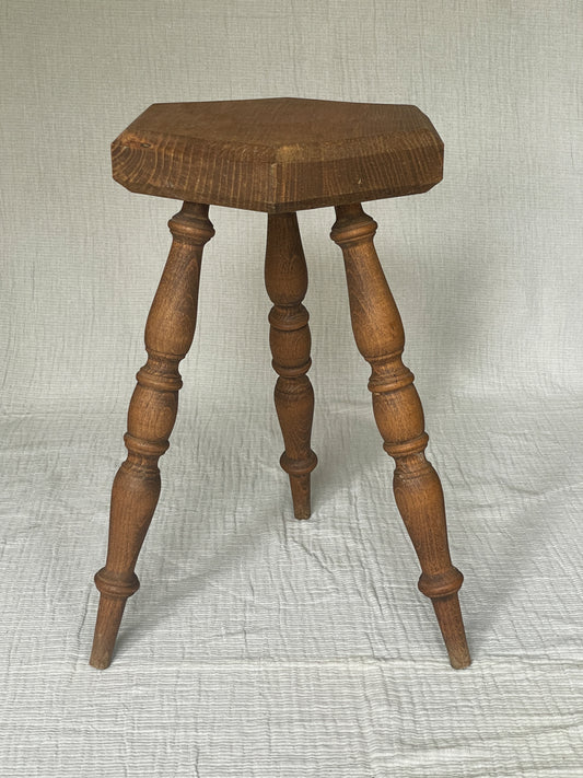 Stained Oak Vintage French Hexagon Wooden Tripod Stool