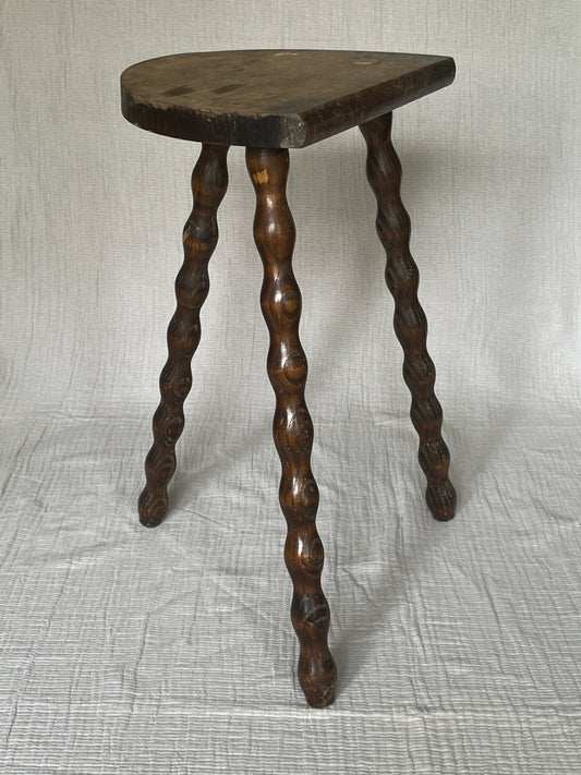 Medium Vintage French Wooden Milking Stool with Bobbin Legs