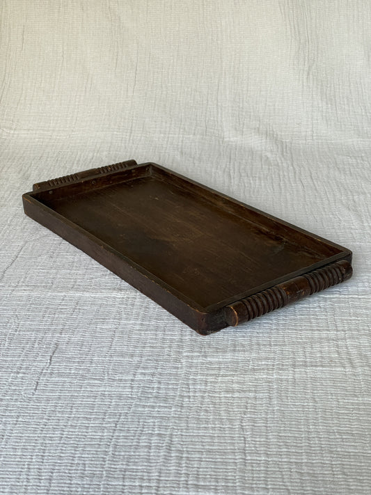 Vintage Dark Wooden French Tray with Carved Handles