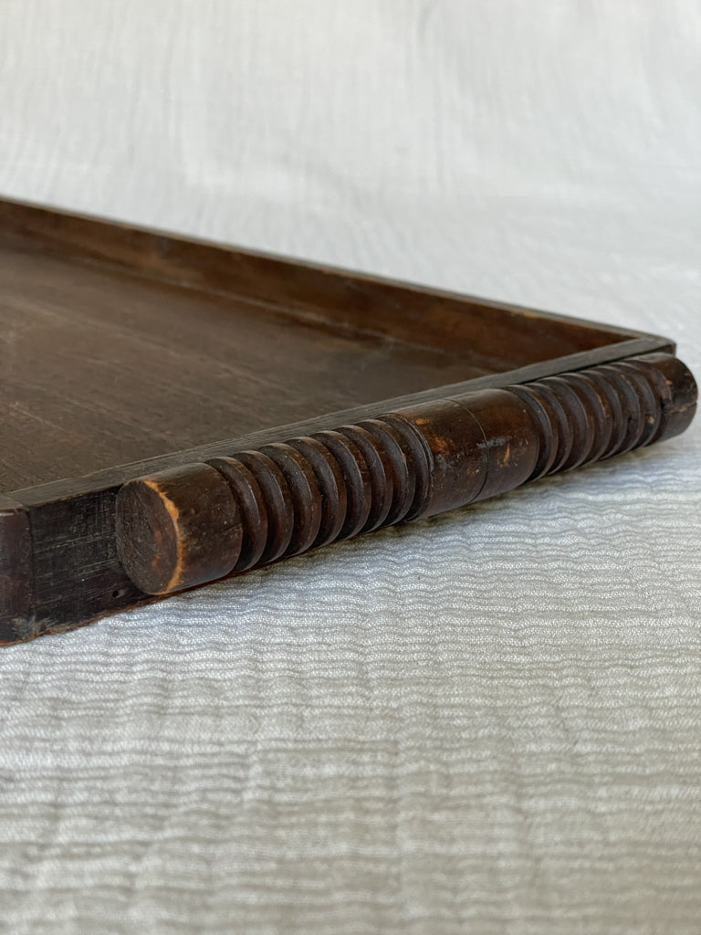 Vintage Dark Wooden French Tray with Carved Handles
