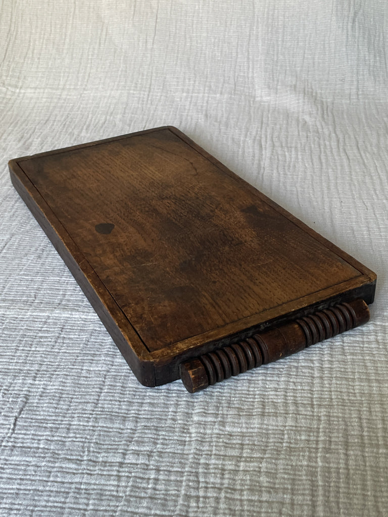 Vintage Dark Wooden French Tray with Carved Handles