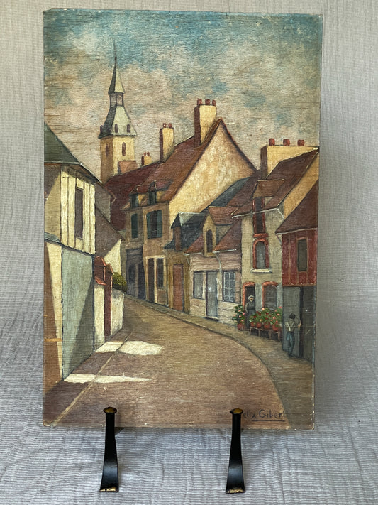 Signed Vintage French Street Scene Oil Painting on Wood