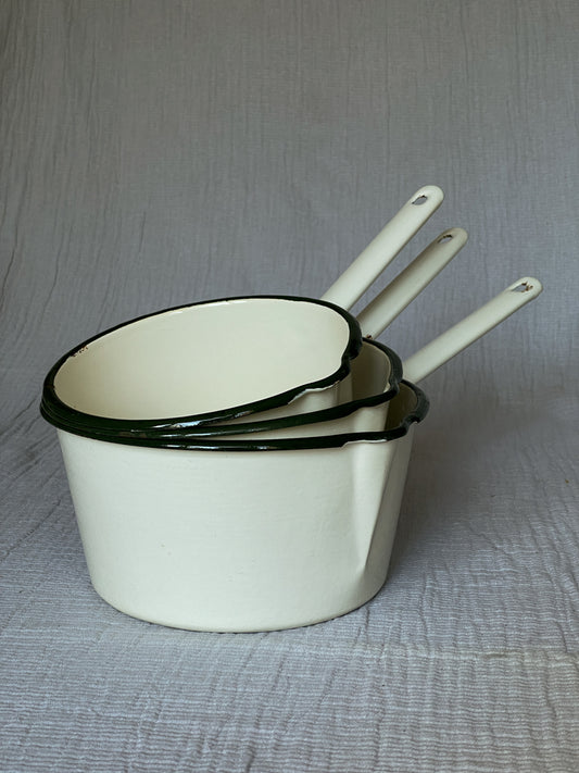 Vintage Cream Enamel Saucepan Trio with Green Rim