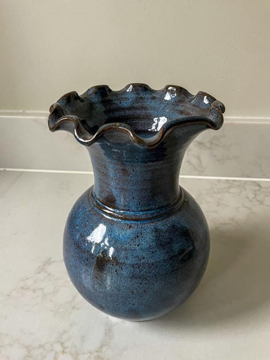 Vintage Blue Glazed Studio Pottery Vase with Scalloped Rim